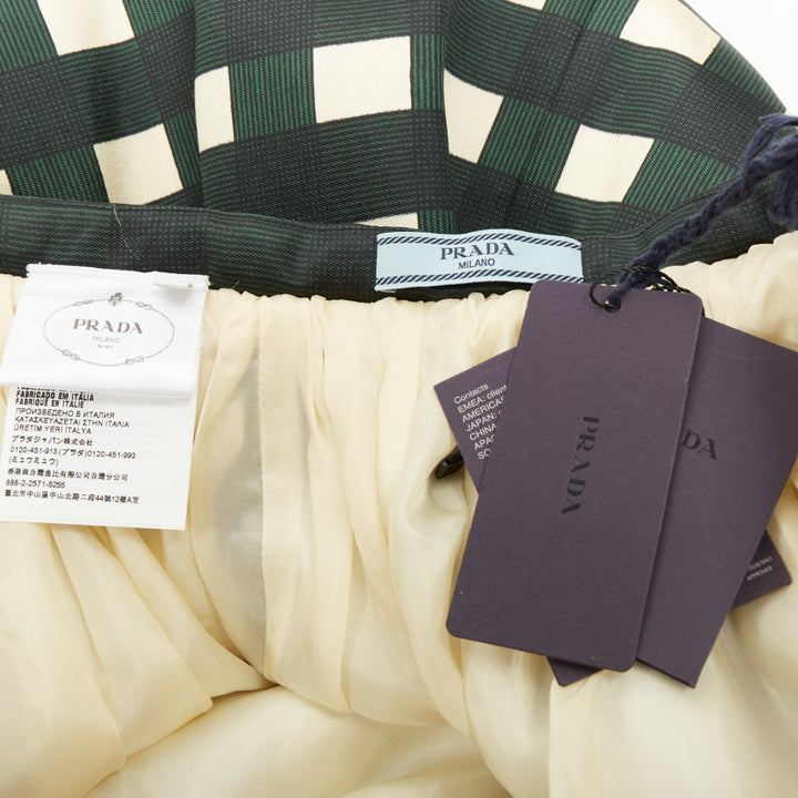 PRADA 2022 Runway green cream check print silk wool full midi skirt IT40 S