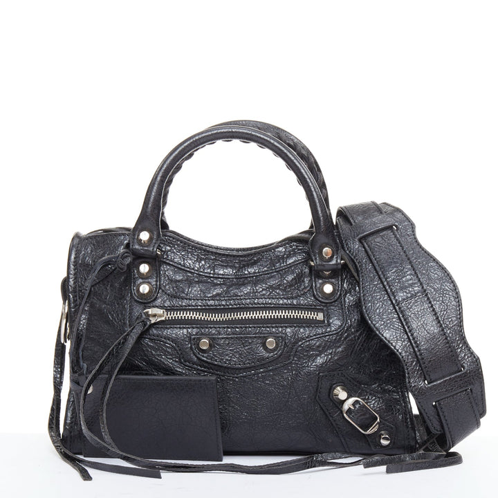 BALENCIAGA Le City Mini black crinkled leather silver hardware crossbody bag