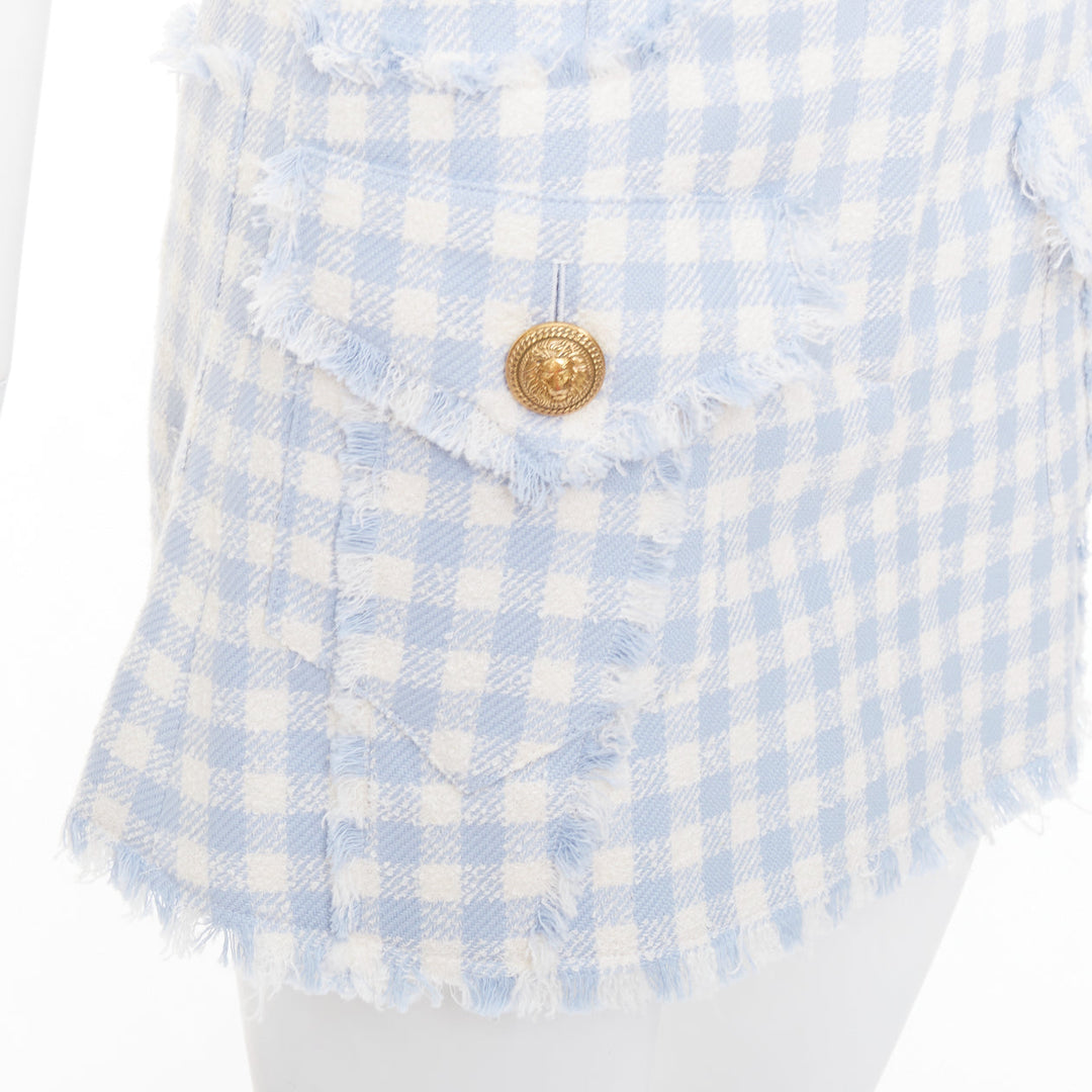 BALMAIN light blue white checked cotton tweed cargo pocket skirt FR34 XS