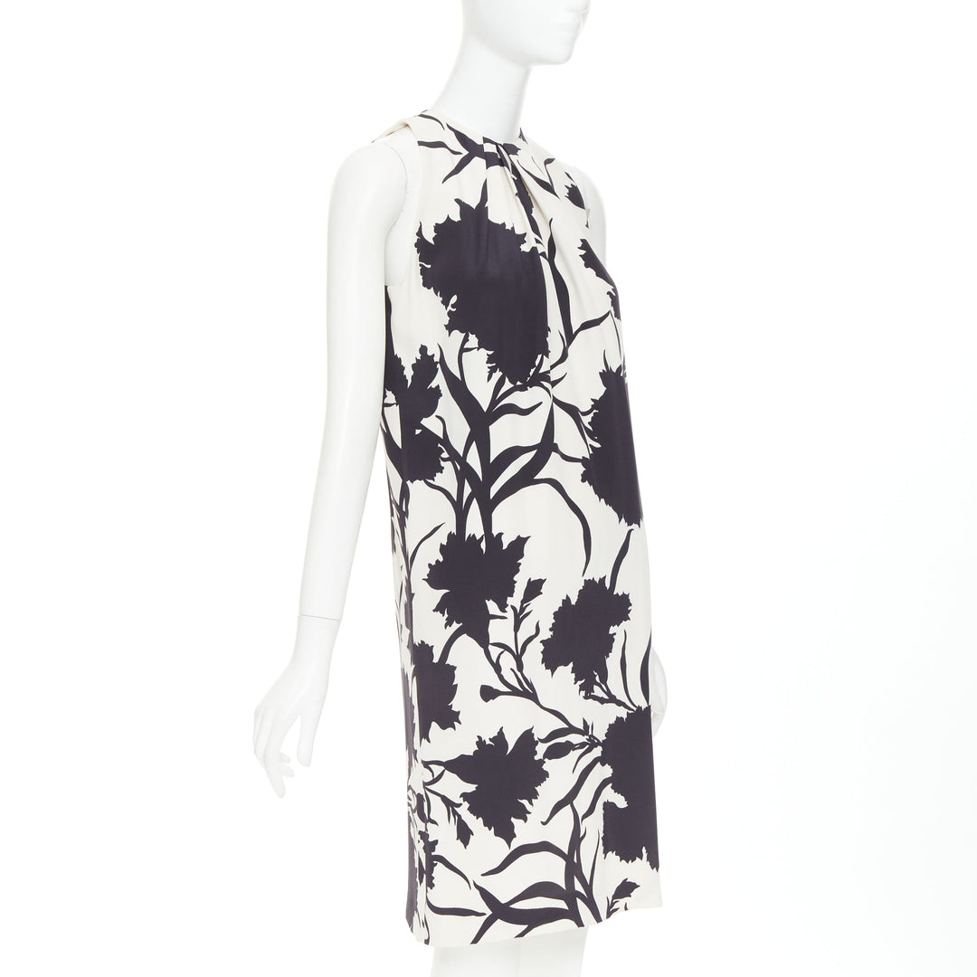 CHRISTIAN DIOR cream black 100% silk bold floral print ruched neck dress FR36 S