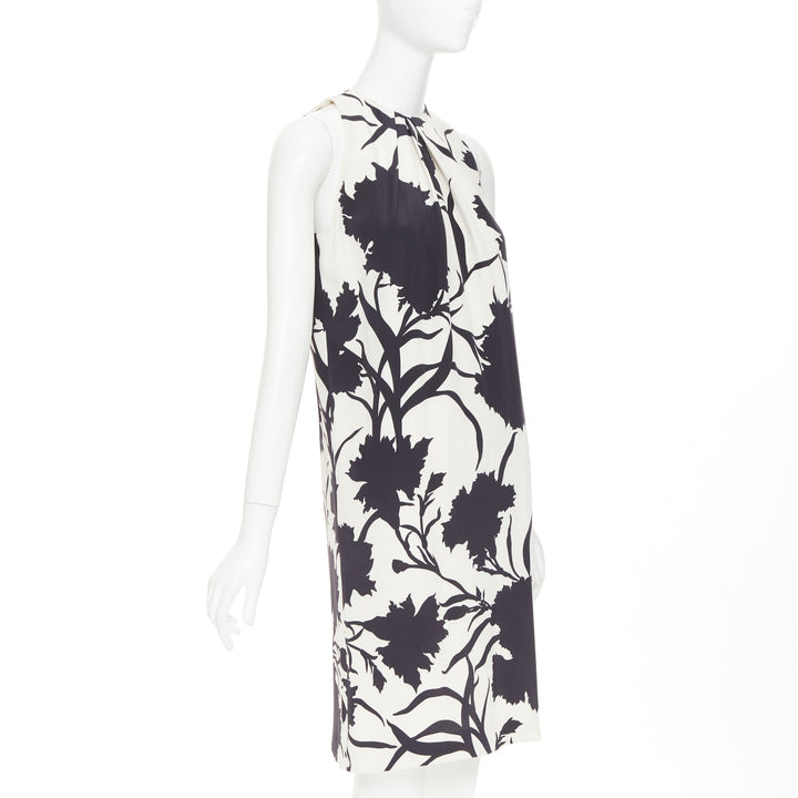 CHRISTIAN DIOR cream black 100% silk bold floral print ruched neck dress FR36 S
