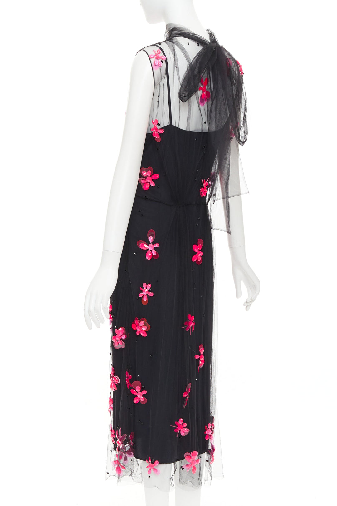PRADA 2018 Runway neon pink floral bead black tulle sheer midi dress IT40 S