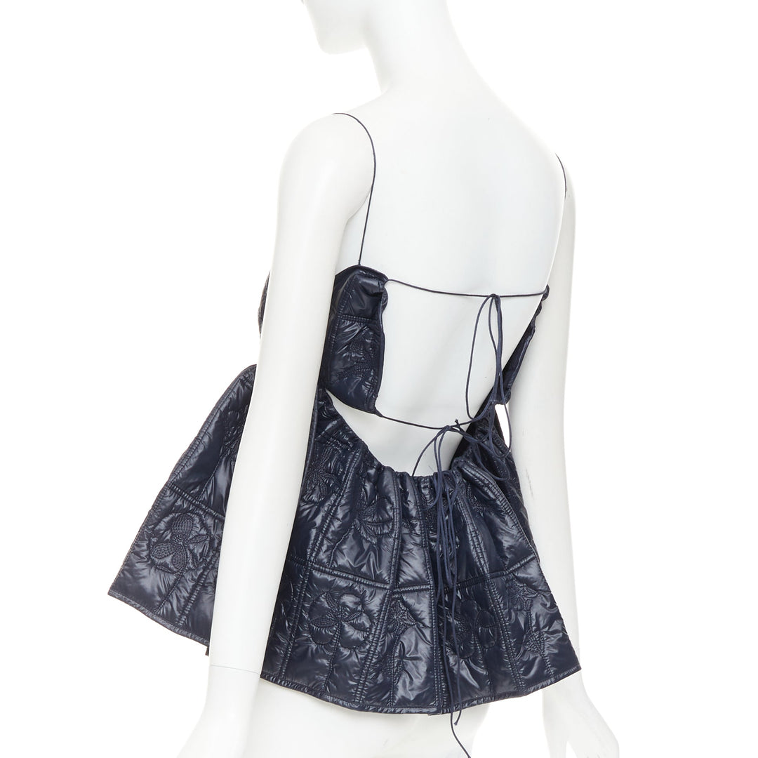 CECILIE BAHNSEN Celina navy floral quilted nylon peplum babydoll top UK6 XS