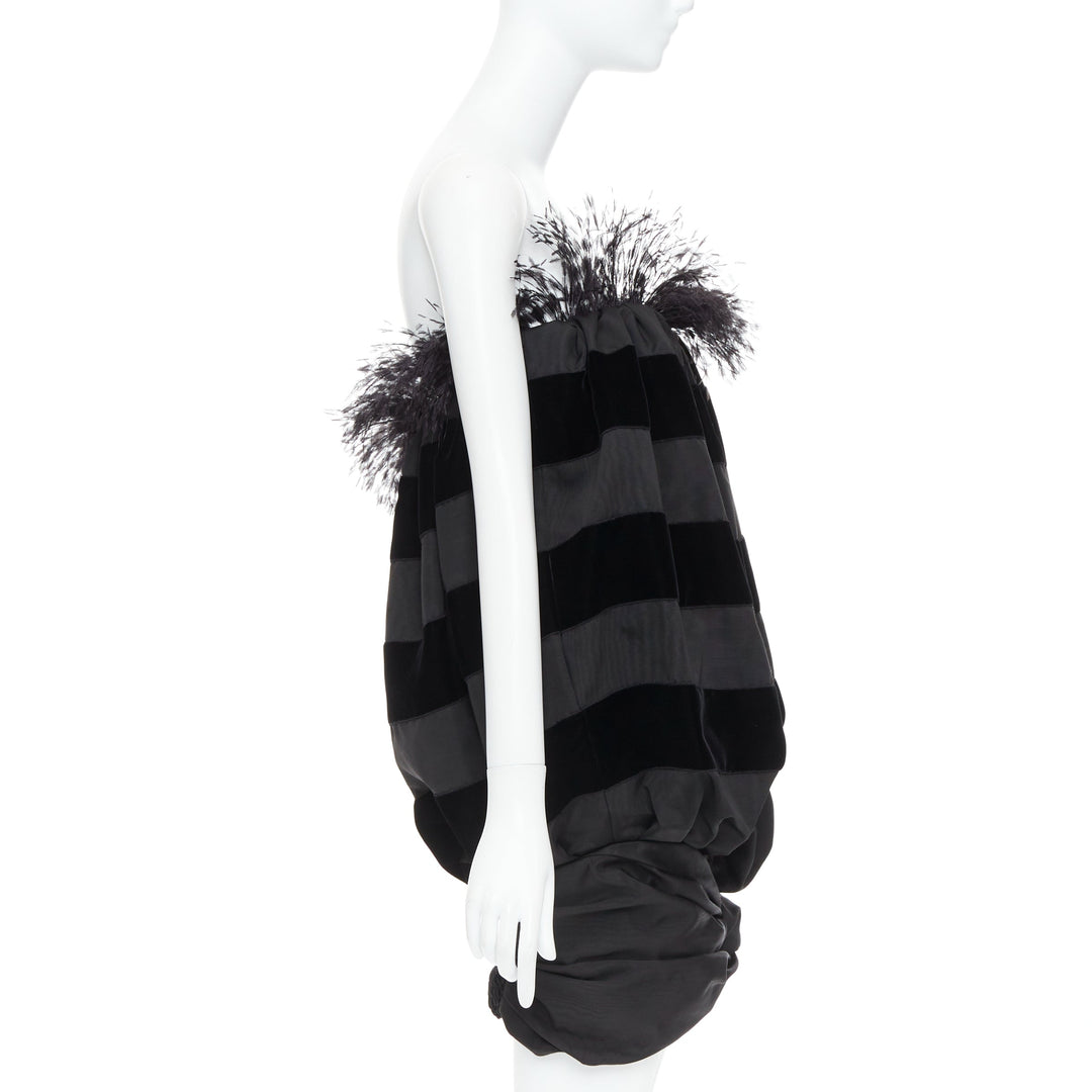 rare SAINT LAURENT 2021 Runway black feather velvet striped Le Pouf dress FR36 S