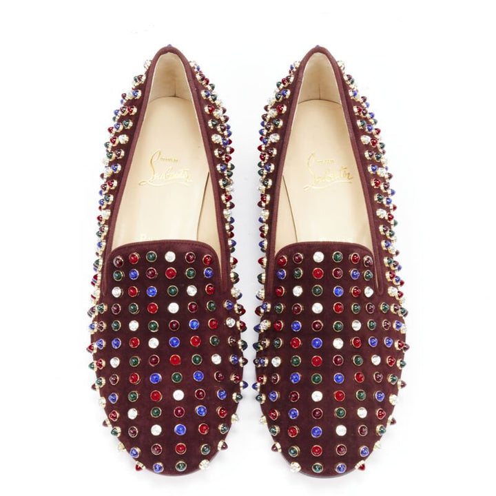 CHRISTIAN LOUBOUTIN Jewel tone Gripoix stud burgundy red suede loafer EU39.5