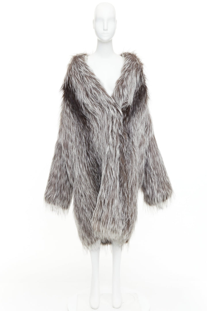 MICHAEL KORS COLLECTION brown grey real fur oversized drop sleeve long coat