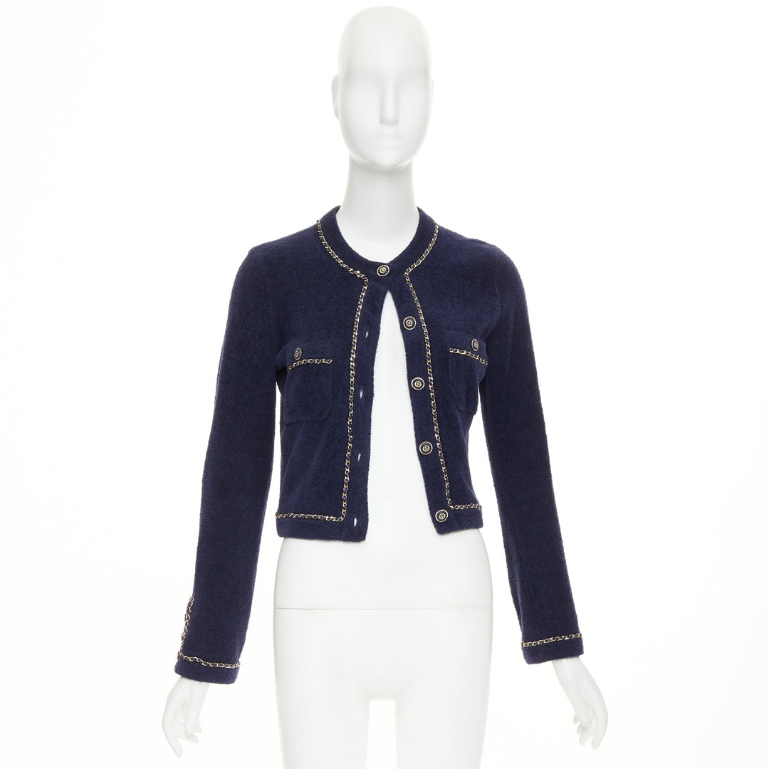CHANEL 2020 navy cotton terry leather chain trim crop cardigan jacket FR34 XXS