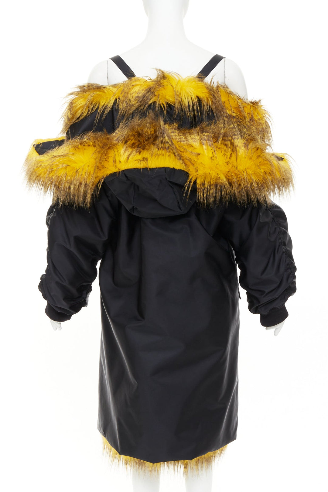 rare PRADA 2021 Raf Simons Runway yellow fur black off shoulder bomber IT38 XS