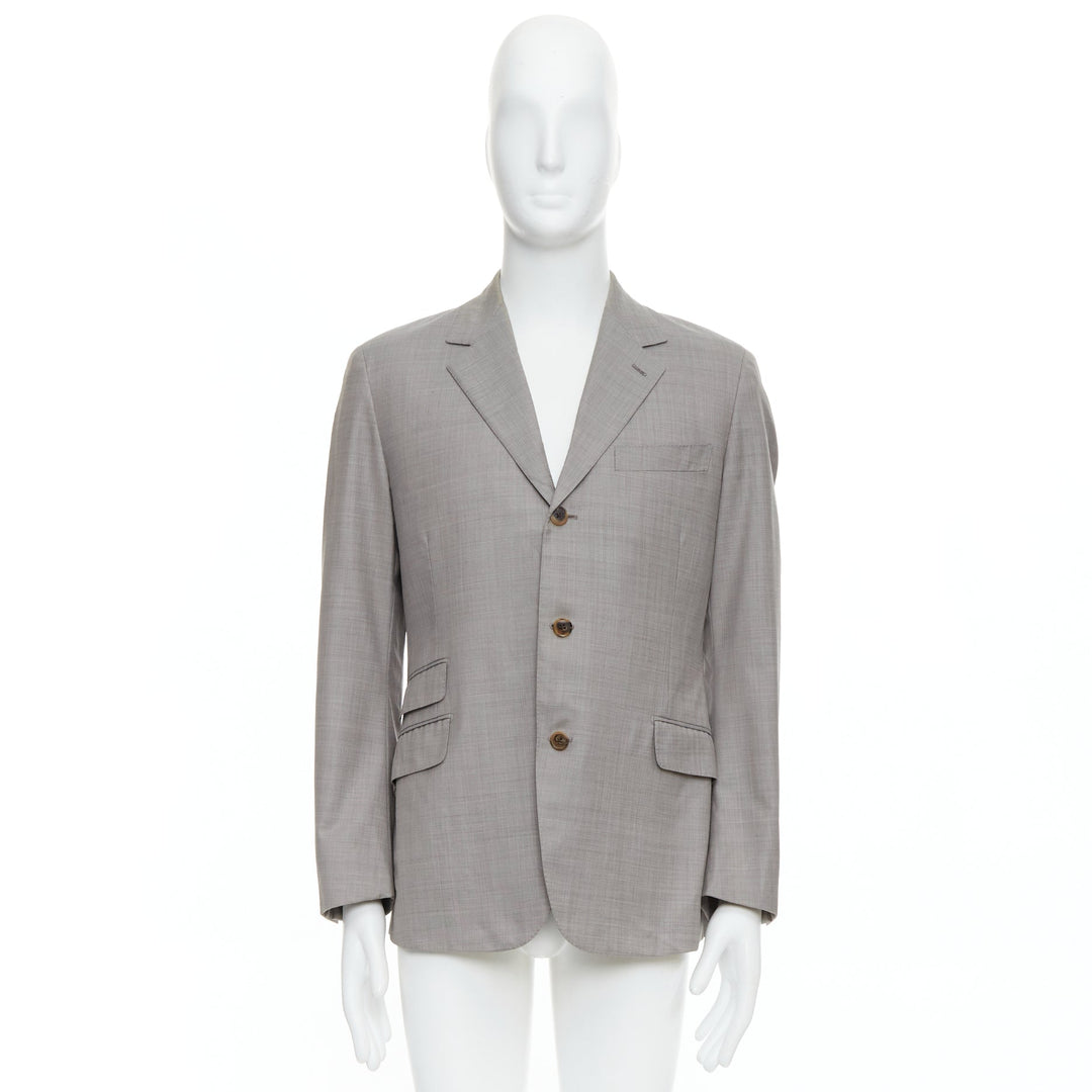 HERMES beige 100% wool 3 pockets handstitched details blazer suit FR48 M