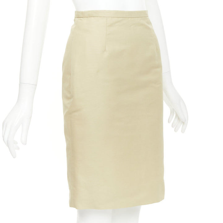 VALENTINO khaki cotton silk darted high waist back slit pencil skirt US2 S