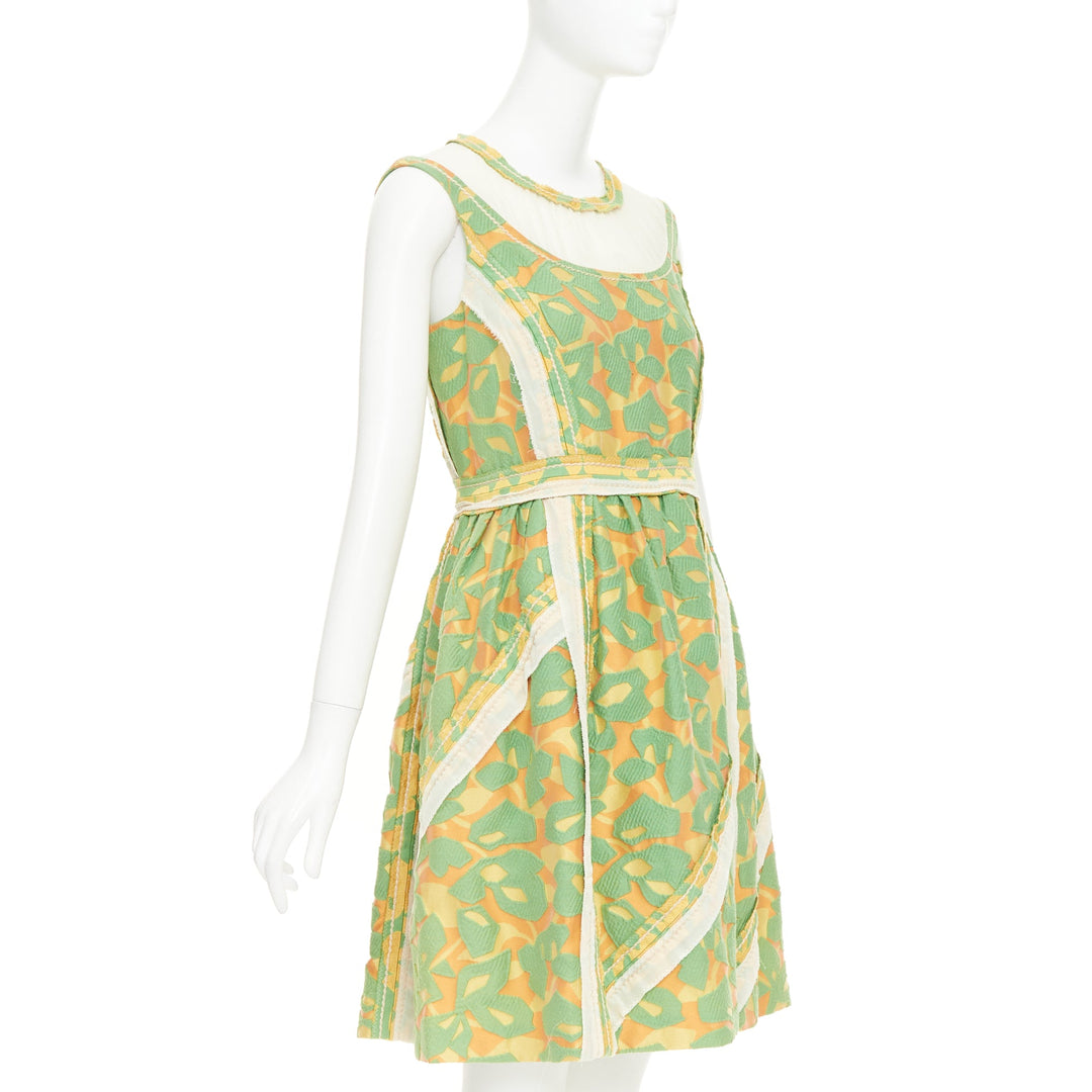 PRADA 2015 Runway green orange raw edge brocade stitch patchwork dress IT40 S