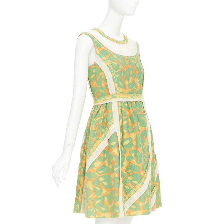 PRADA 2015 Runway green orange raw edge brocade stitch patchwork dress IT40 S