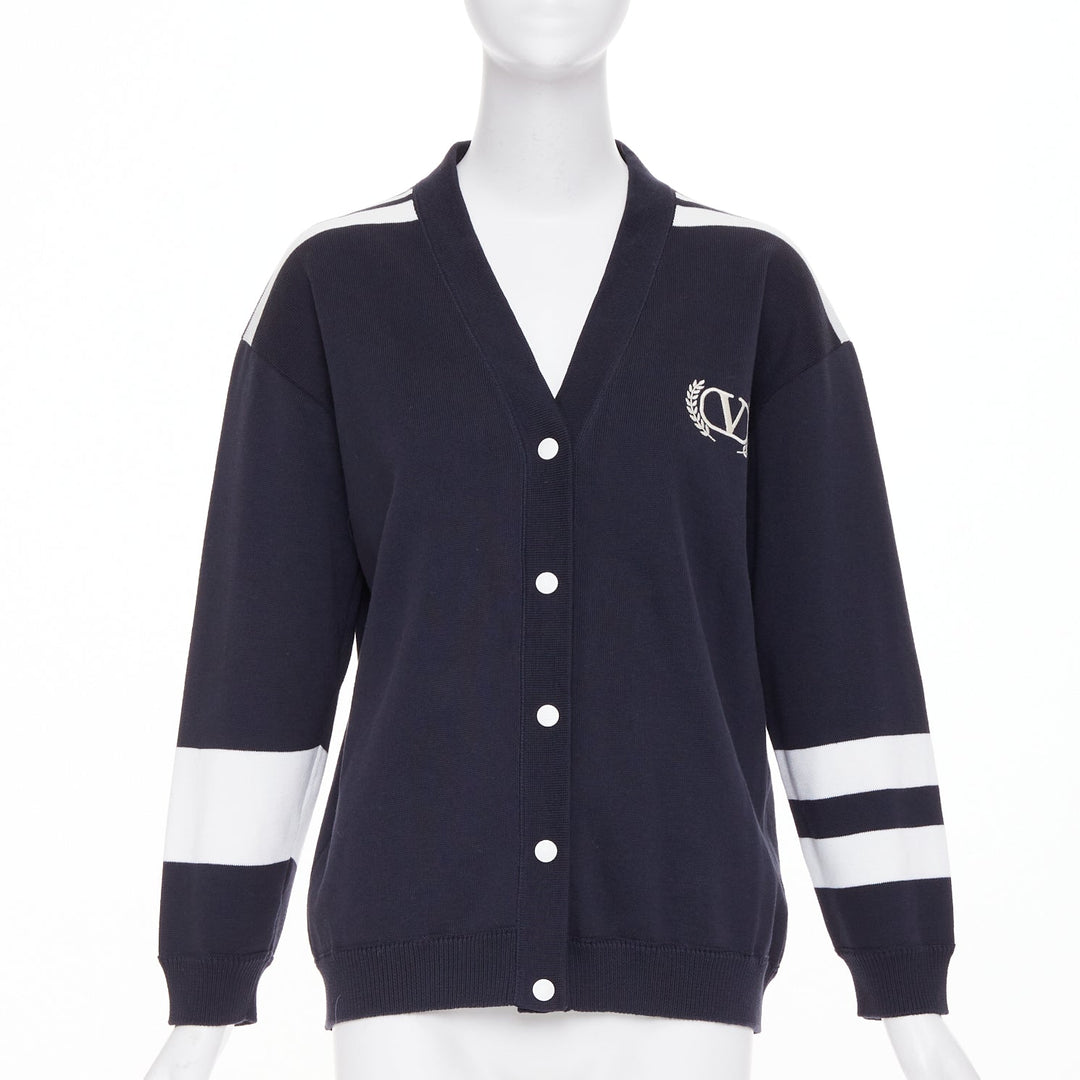VALENTINO 2022 Vlogo Crest Laurel Crest navy white embroidery varsity cardigan S