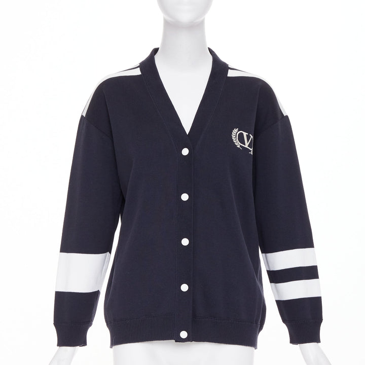 VALENTINO 2022 Vlogo Crest Laurel Crest navy white embroidery varsity cardigan S