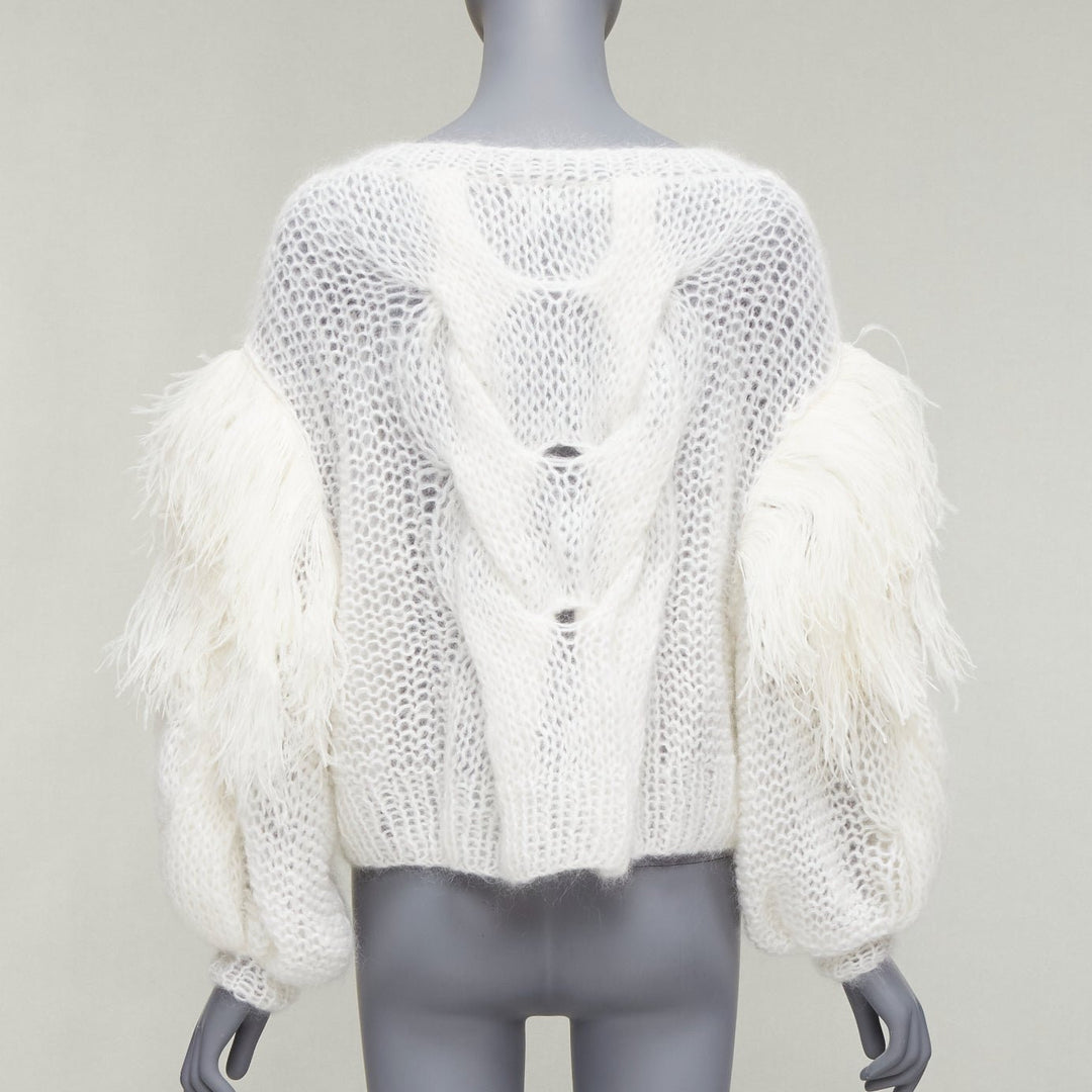 LOEWE white ostrich feather trim mohair loose cable knit jumper XS