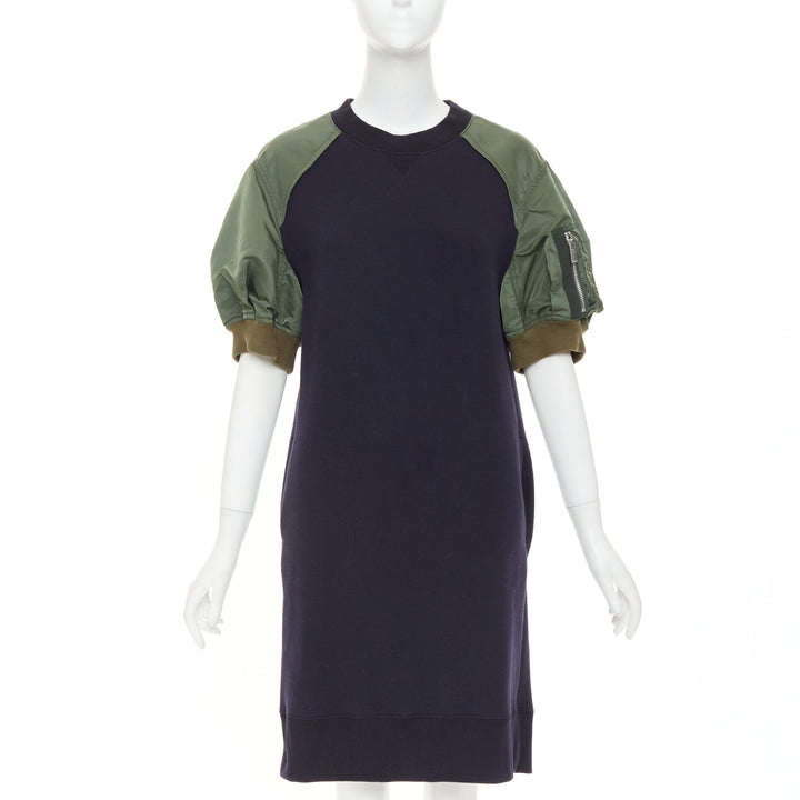 SACAI 2022 navy green sponge sweat MA-1 bomber sleeve sweater dress JP3 L