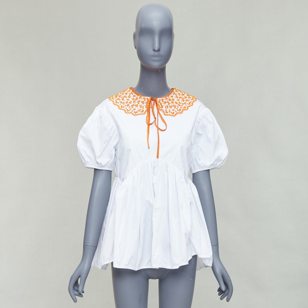 CECILIE BAHNSEN Mie white cotton orange applique collar puff top UK6 XS