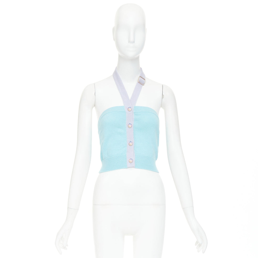 CHANEL 23P Runway blue purple CC buton cashmere buckle halter top FR34 XS