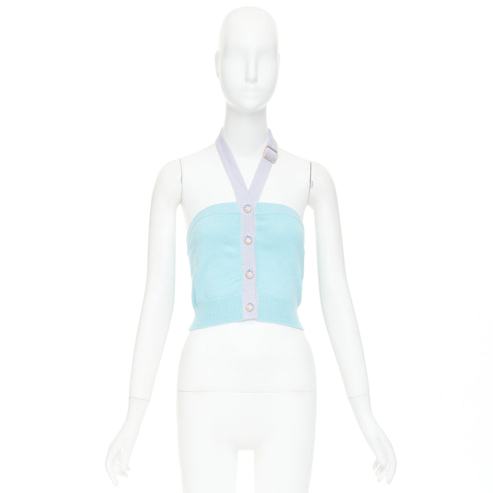 CHANEL 23P Runway blue purple CC buton cashmere buckle halter top FR34 XS
