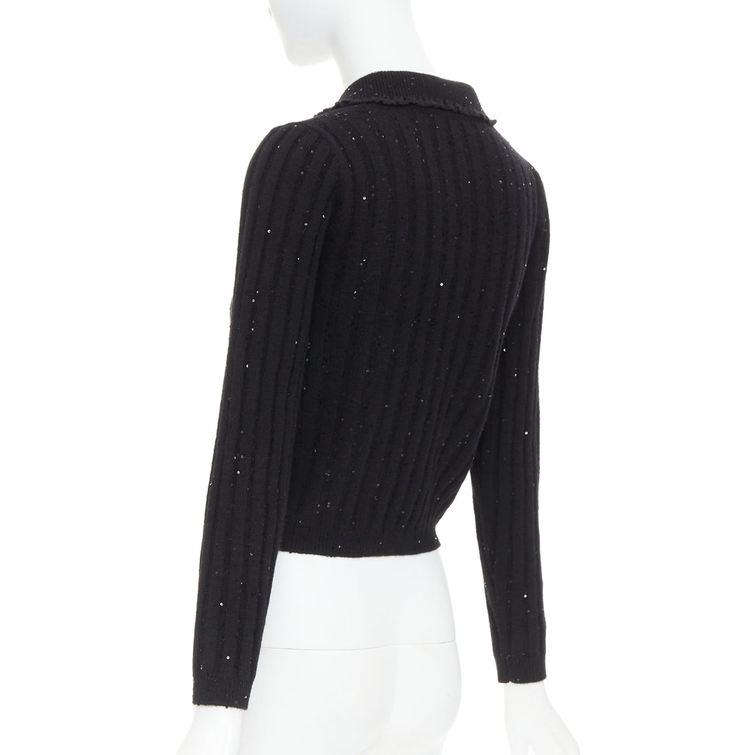SHUSHU TONG black sequins wool cotton blend logo crop cardigan UK6 XS