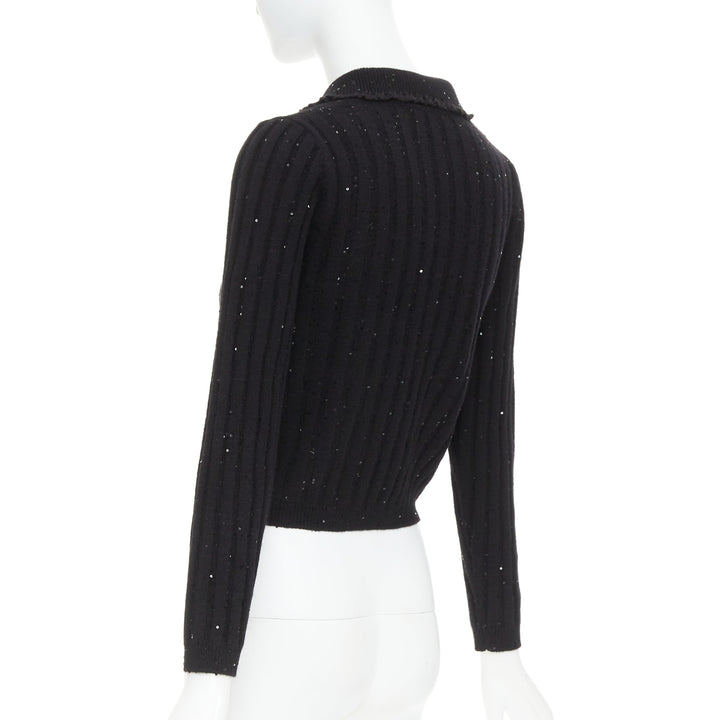 SHUSHU TONG black sequins wool cotton blend logo crop cardigan UK6 XS