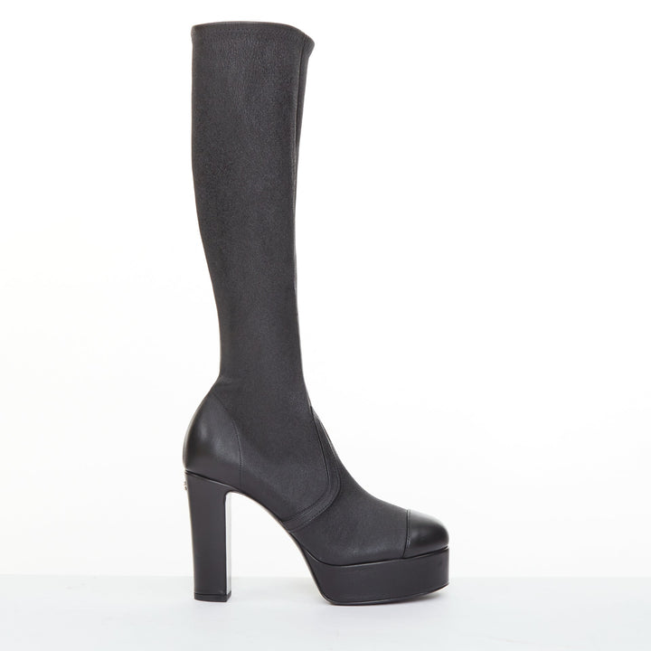 CHANEL 2024 black stretch leather cap toe platform block knee high boots EU38.5C