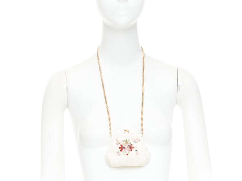 DOLCE GABBANA cream lace multicolour stone beaded kisslock chain micro bag