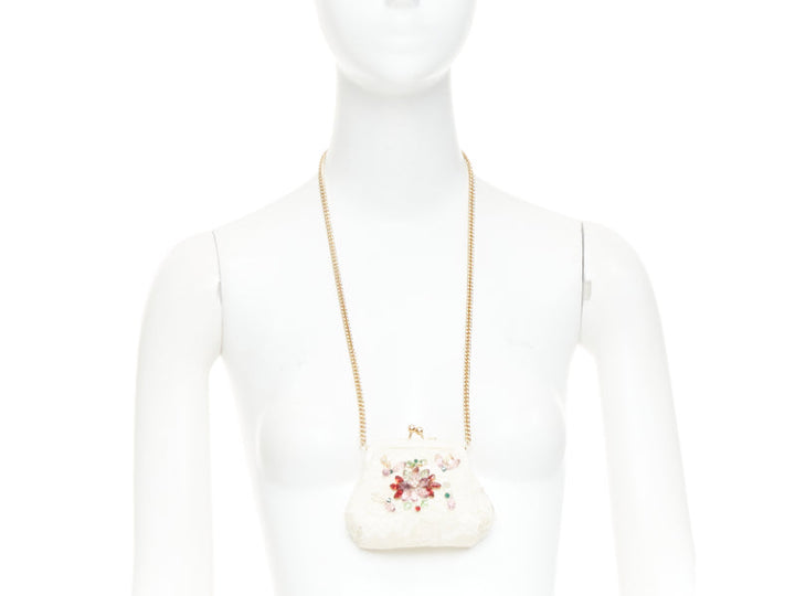 DOLCE GABBANA cream lace multicolour stone beaded kisslock chain micro bag