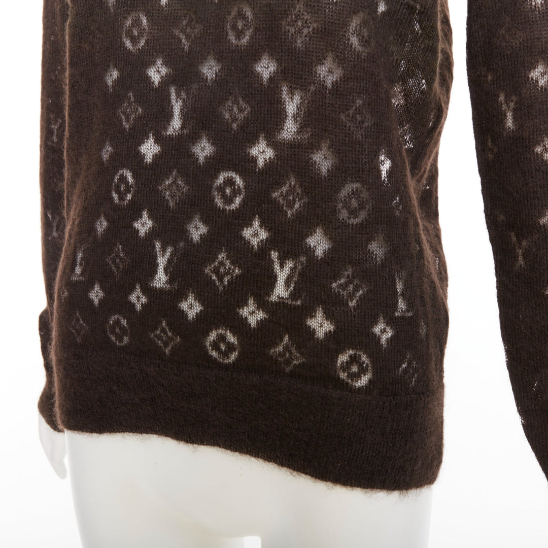 LOUIS VUITTON brown mohair blend LV logo monogram sheer knit sweater XS