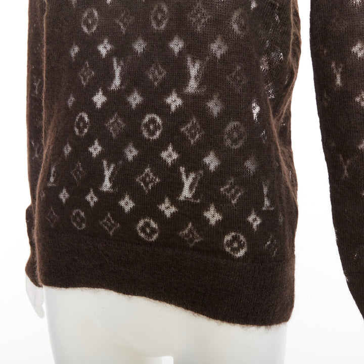 LOUIS VUITTON brown mohair blend LV logo monogram sheer knit sweater XS