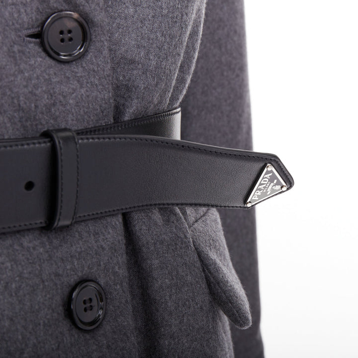 PRADA 2022 grey cashmere wool silver logo leather belted padded coat IT40 S