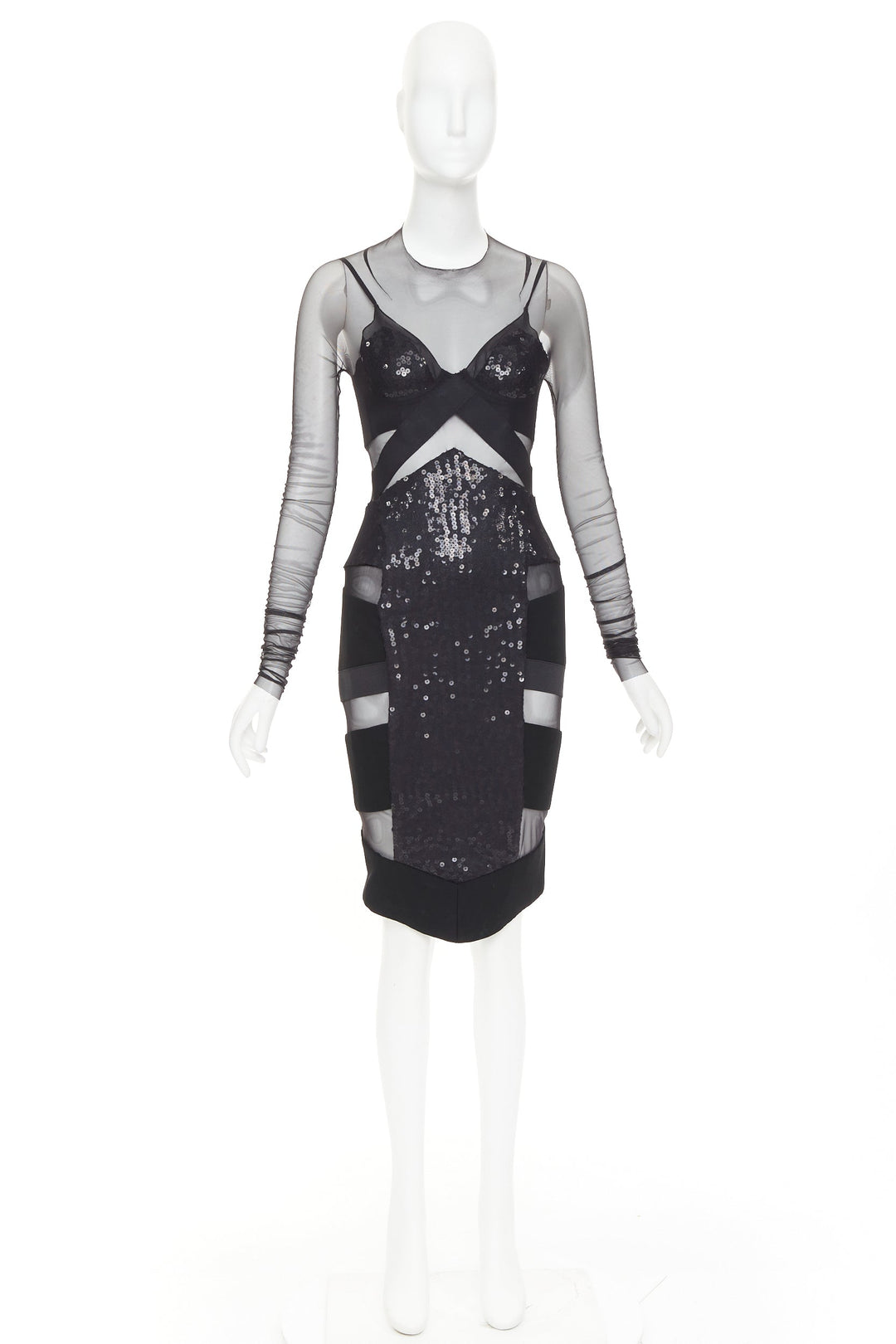 ALEXANDRE VAUTHIER COUTURE Runway black sheer panel sequin cut out boned dress