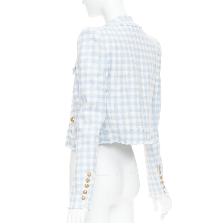 BALMAIN light blue white plaid tweed trim 4 pocket cropped jacket FR34 XS