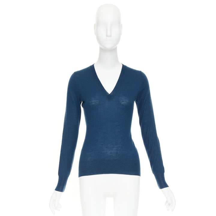 ALEXANDER MCQUEEN dark teal blue wool knit V-neck long sleeve  sweater XS