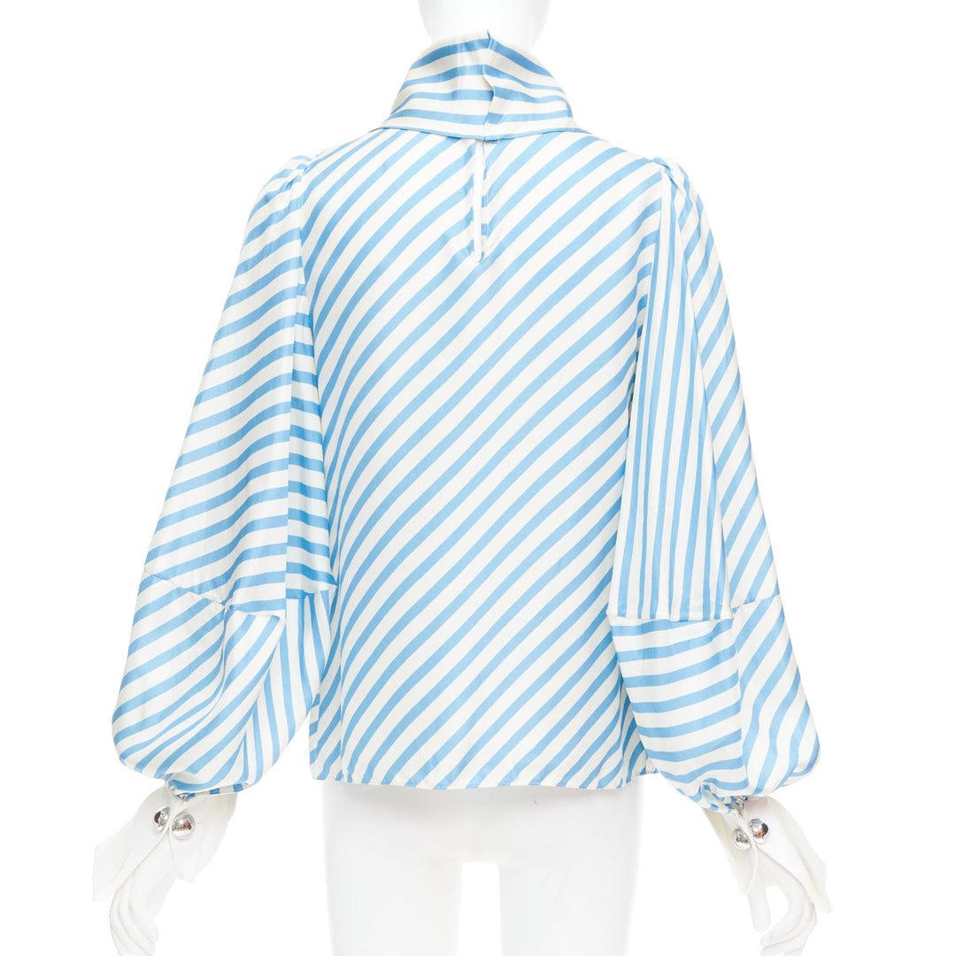 MONSE silk twill blue cream bias cut striped puff sleeve blouse US2 S