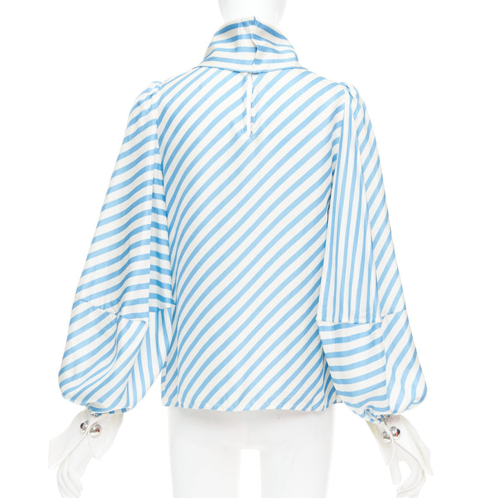 MONSE silk twill blue cream bias cut striped puff sleeve blouse US2 S