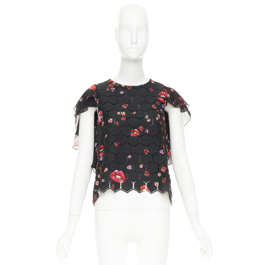 GIAMBA GIAMBATTISTA VALLI black red lady bugs lip embroidered  flutter top IT40