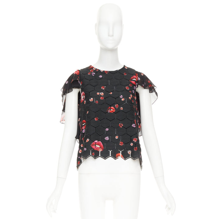 GIAMBA GIAMBATTISTA VALLI black red lady bugs lip embroidered  flutter top IT40