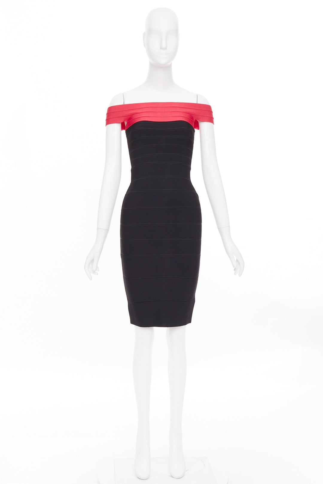 HERVE LEGER red colorblock off shoulder bandage bodycon cocktail dress XXS
