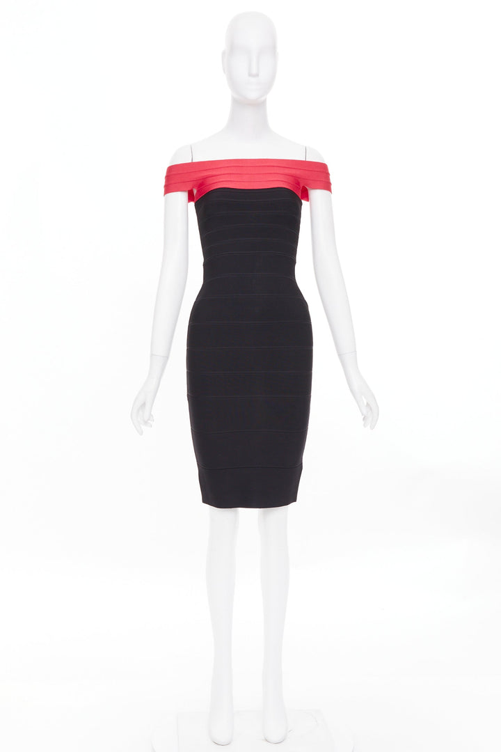 HERVE LEGER red colorblock off shoulder bandage bodycon cocktail dress XXS