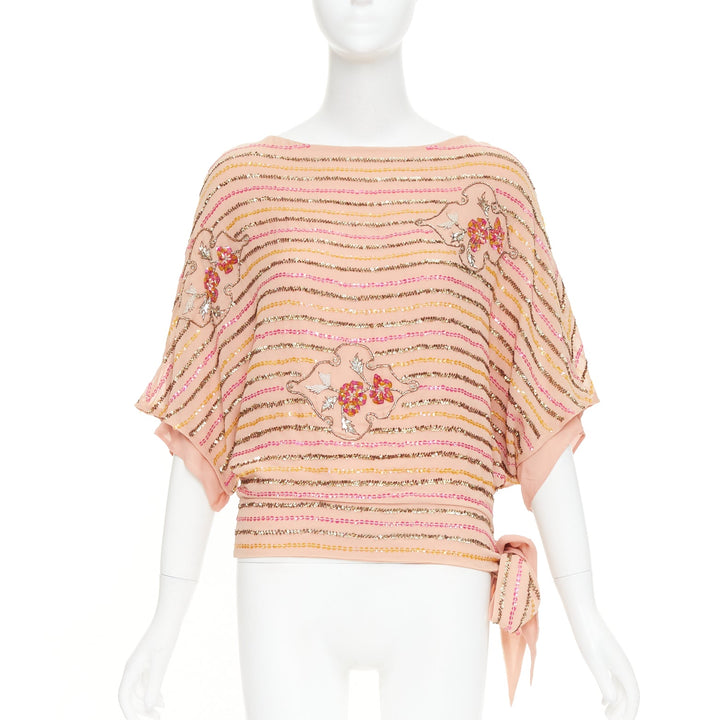 COLLETTE DINNIGAN blush pink 100% silk metallic sequin embellished lined top S