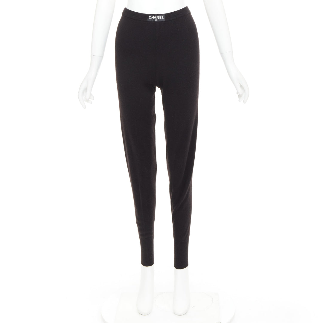 rare CHANEL 93A Vintage black cashmere white logo patch waist jogger pant FR36 S