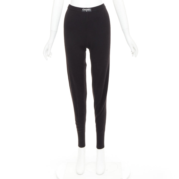rare CHANEL 93A Vintage black cashmere white logo patch waist jogger pant FR36 S