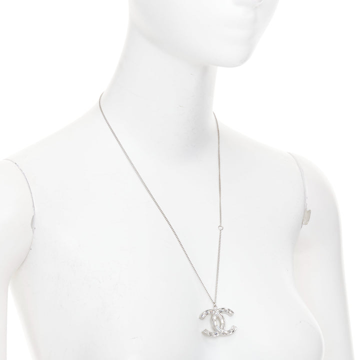CHANEL 09A silver toned green resin reversible crystal pave CC pendent necklace