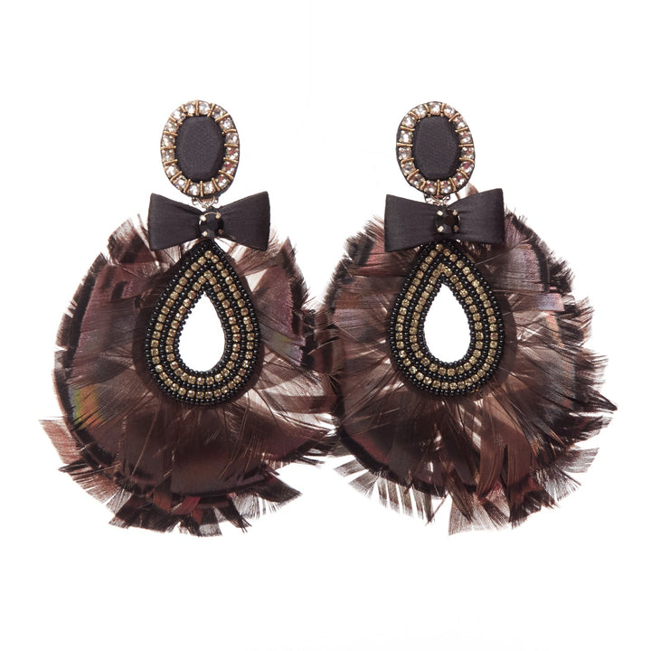 RANJANA KHAN black holographic feather crystal bow dangling clip earrings Pair