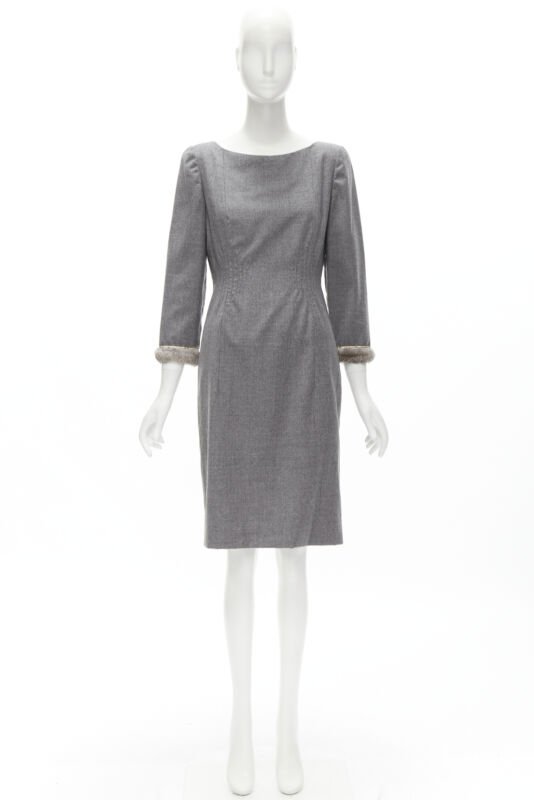 VALENTINO Vintage grey wool cashmere fur cuff pinched waist dress US8 M