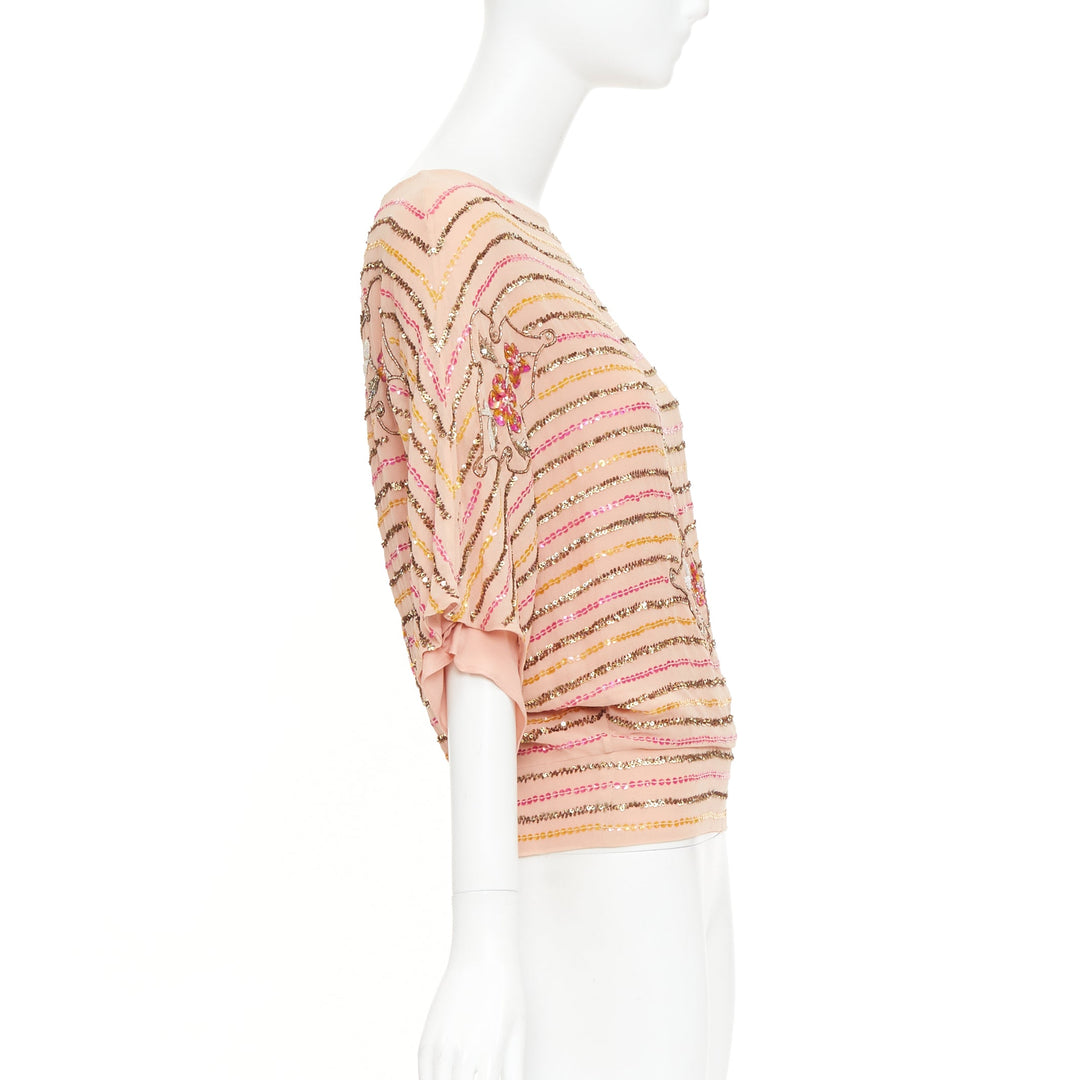 COLLETTE DINNIGAN blush pink 100% silk metallic sequin embellished lined top S