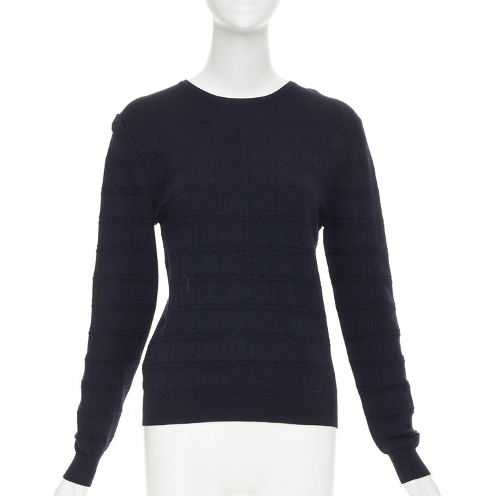 DIOR Macrocannage navy geometric jacquard wool silk blend knit sweater FR34 XS