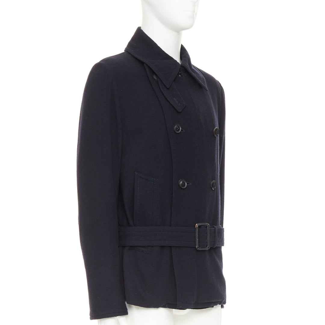 Y'S YOHJI YAMAMOTO black wool double breasted belted short peacoat jacket JP3 L