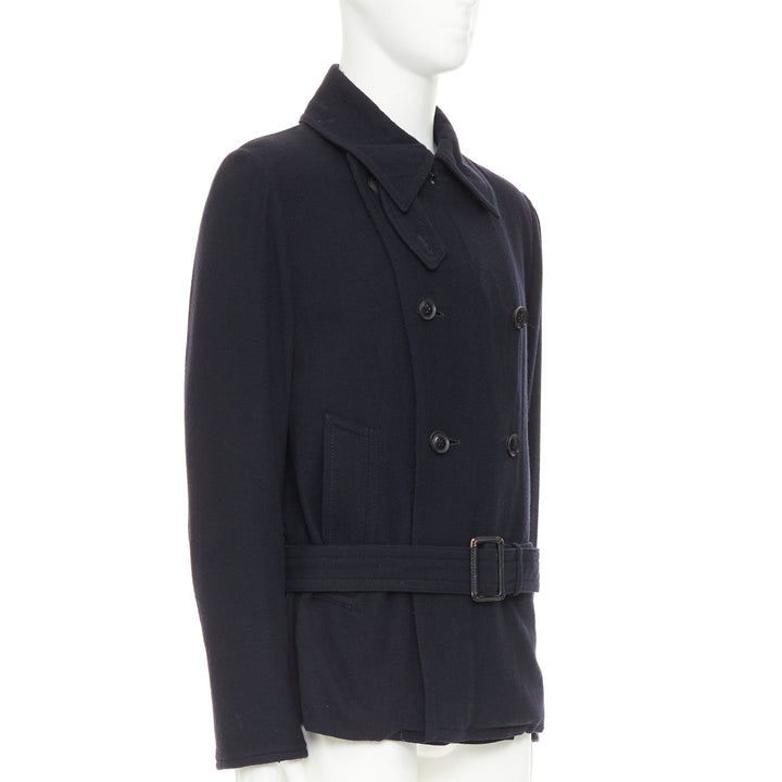 Y'S YOHJI YAMAMOTO black wool double breasted belted short peacoat jacket JP3 L